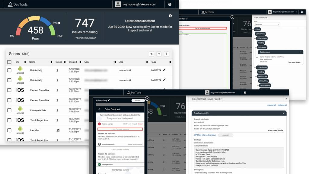 Screenshot of axe DevTools Mobile dashboard, view hierarchy and expert tools