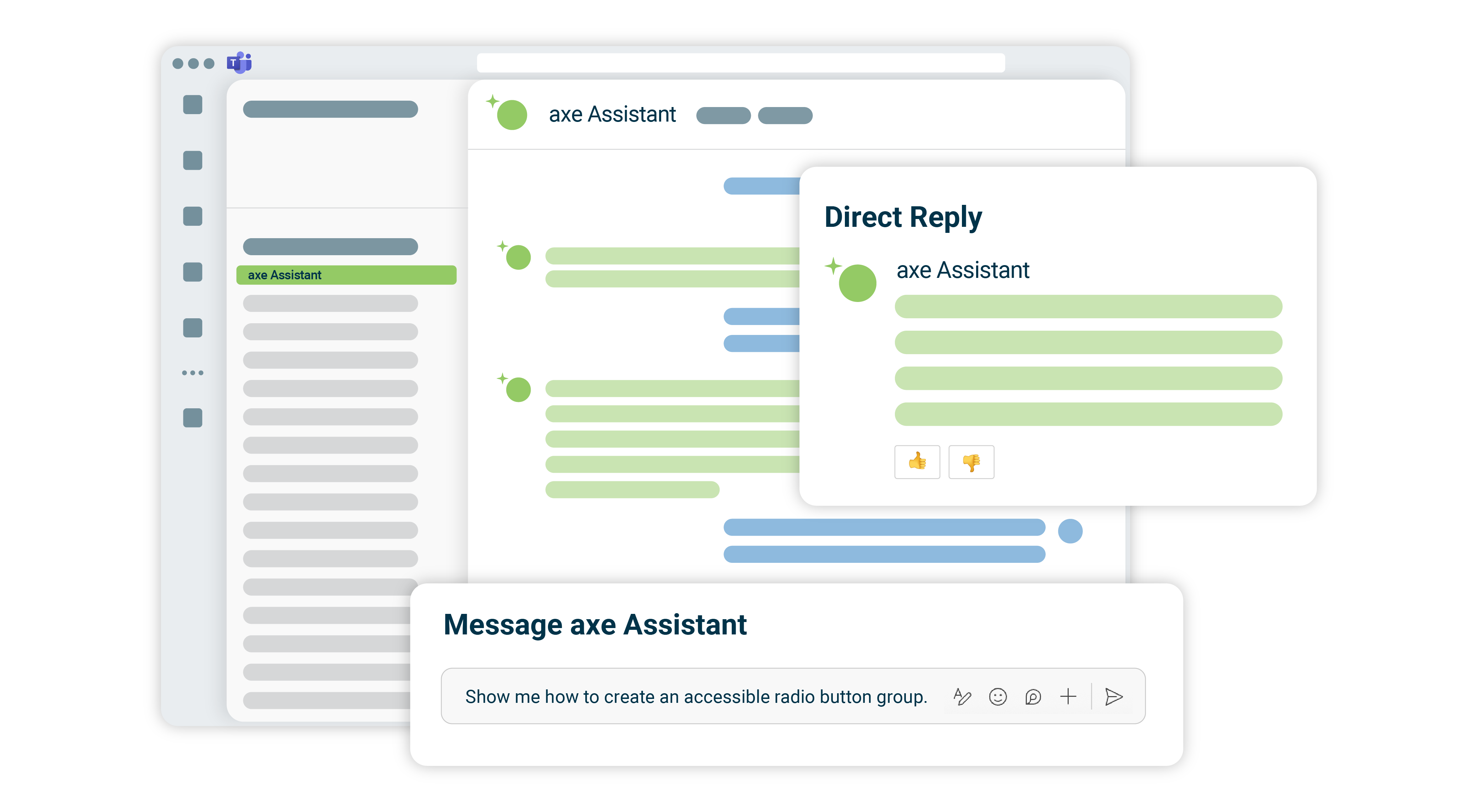Axe Assistant illustration enabling a user to ask how to create an accessible radio button group from within Teams